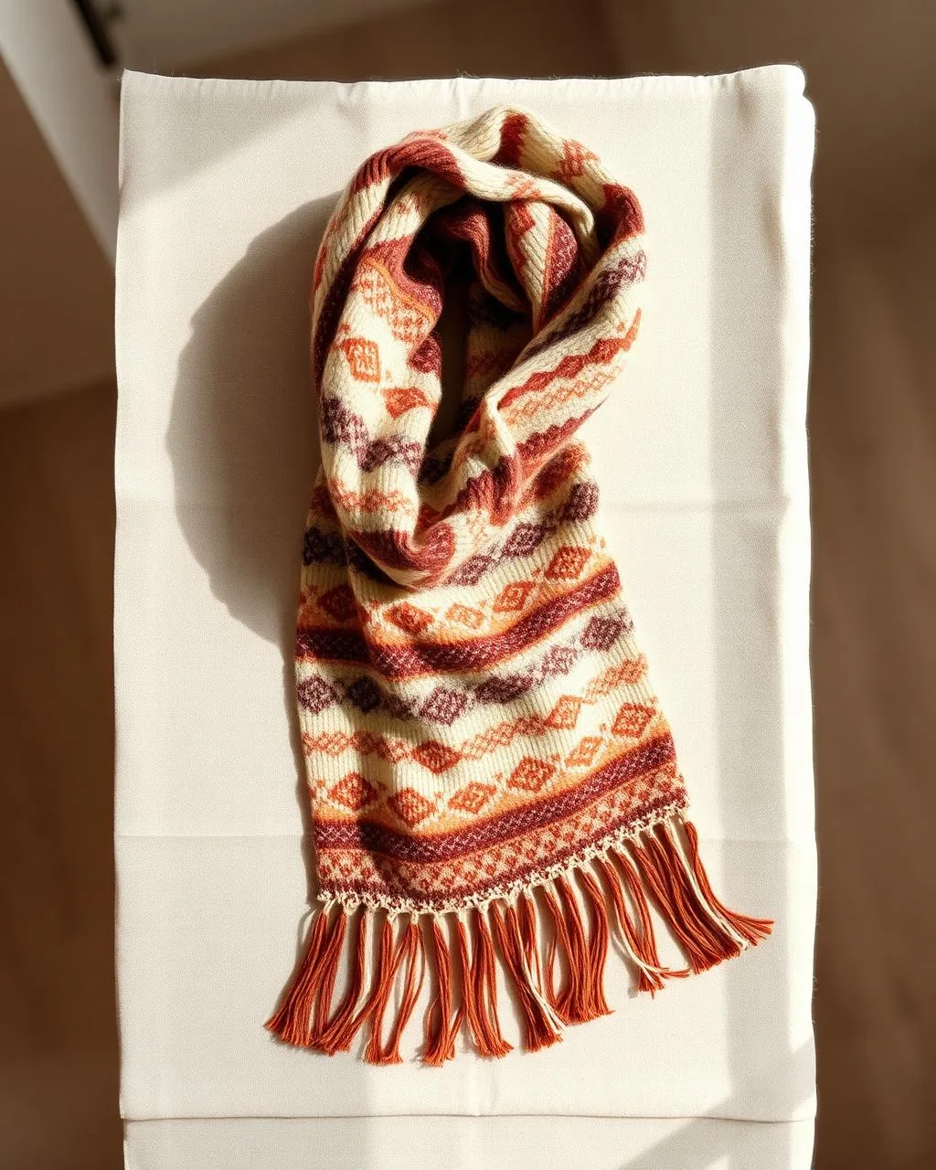 Patterned scarf with fringe